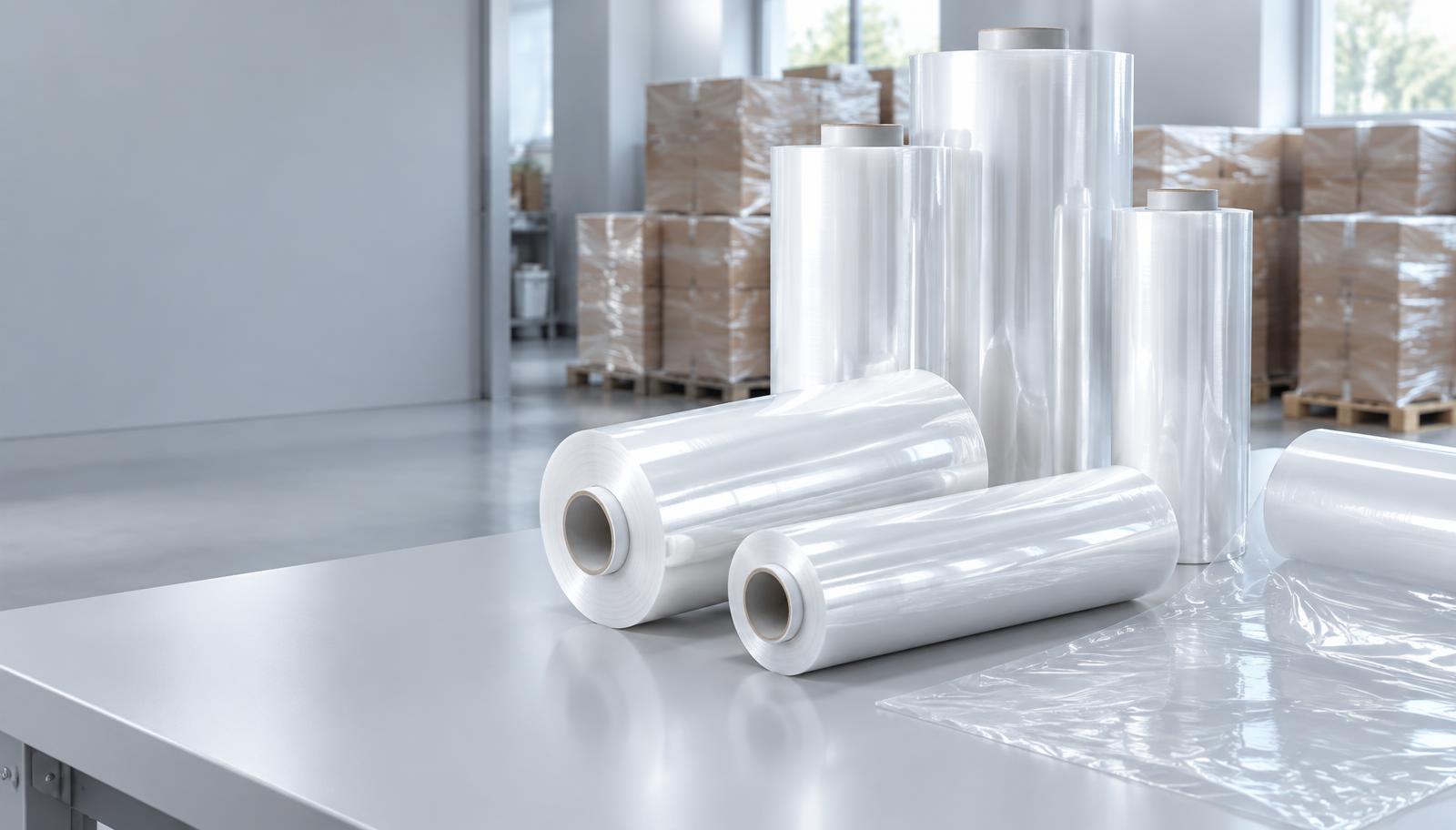 Clear packaging film rolls and protective polyethylene sheet on a packing table