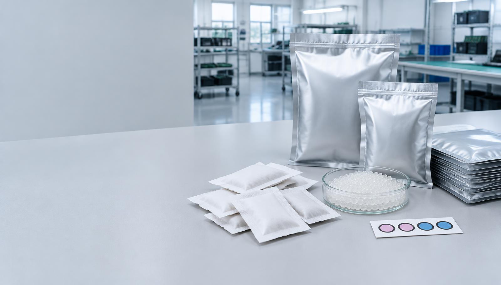 Desiccant sachets, silica gel and humidity indicators for moisture protection