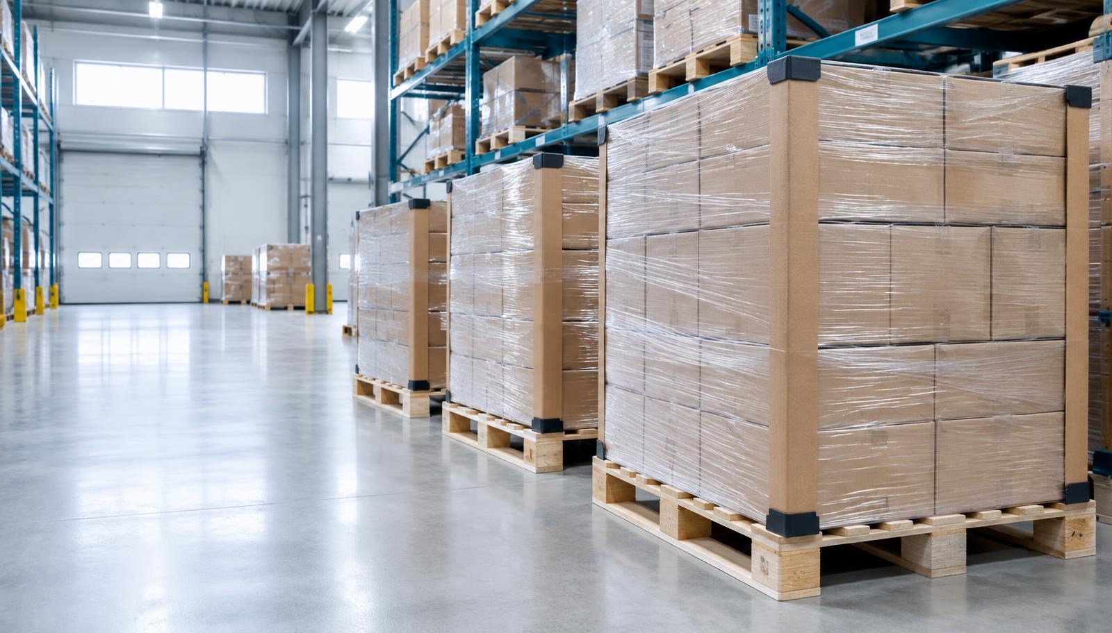 Palletized cartons secured with clear stretch film and corner protectors